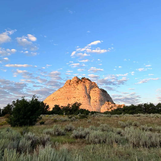 A solitary, sun-kissed rock formation stands in the middle of a wide, grassy field. The sky above is a clear blue with scattered white clouds.