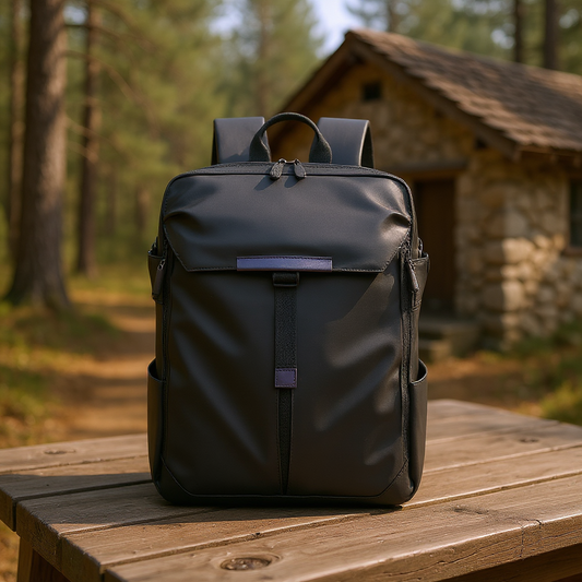 Black Backpackbeat 20L hiking rucksack placed on a wooden table in front of a rustic forest cabin, designed for weekend walks and outdoor escapes.