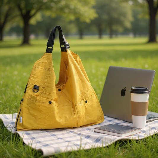A bright yellow lightweight crossbody bag resting on a checkered picnic blanket in a sunny green park, next to an open laptop and a coffee cup, suggesting outdoor work or leisure.