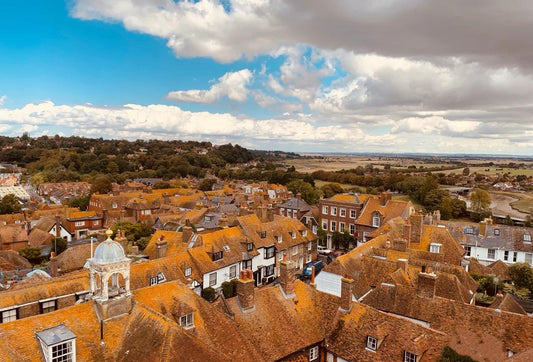 A rooftop view of Rye, a peaceful weekend getaway destination ideal for light packing with an expandable backpack