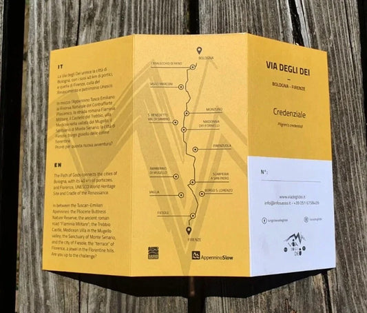 Open Via degli Dei trail passport showing stamps and route map