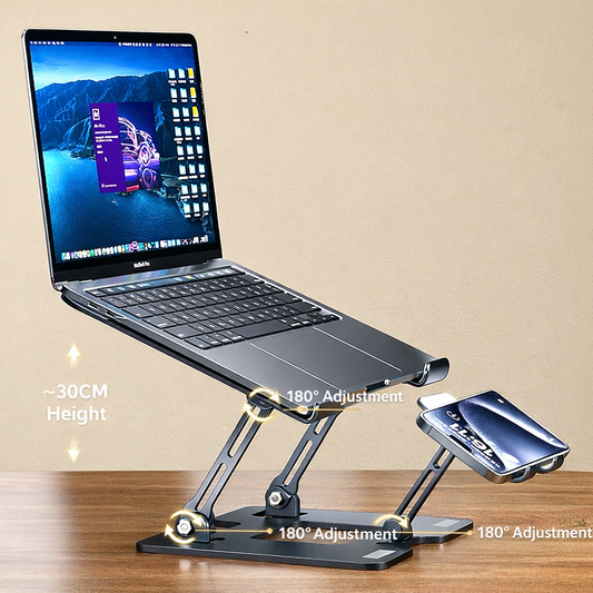 Backpackbeat 1111 foldable laptop stand with MacBook raised to 30cm showing three 180 degree adjustment points and integrated phone holder on desk