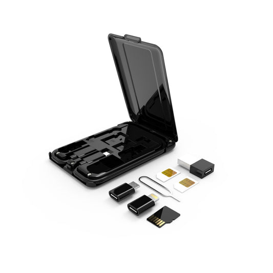 Backpackbeat 1112 phone adapter kit opened showing USB-A Lightning Micro USB Type-C adapters SIM ejector pin TF card slot and all accessories laid out