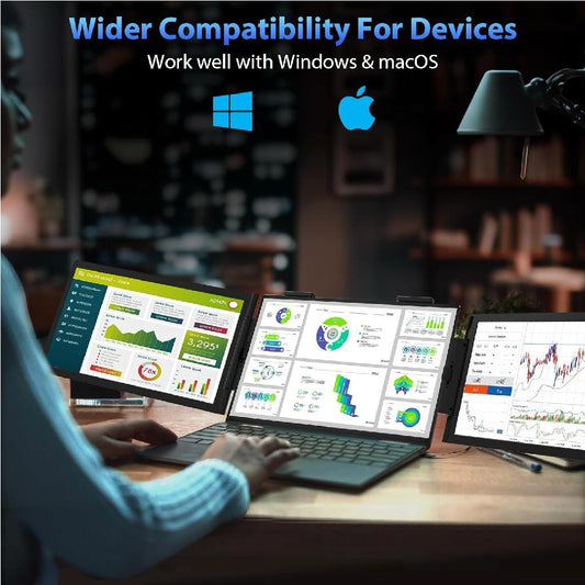 Person working with Backpackbeat 2200 portable triple screen laptop monitor setup showing Windows and macOS compatibility