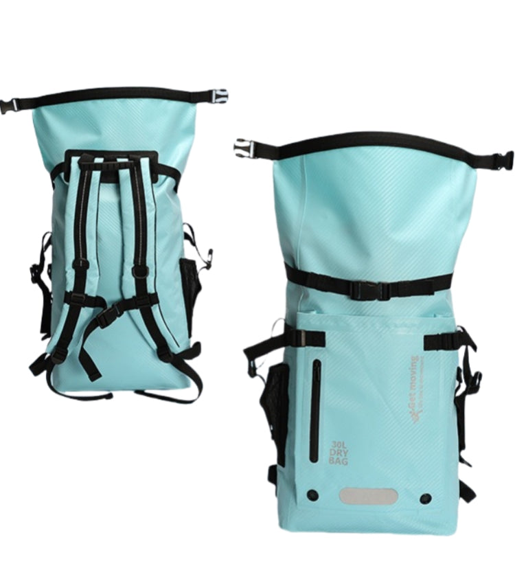 Back and side view of 6603 waterproof backpack for travel 30L showing breathable back panel, chest strap adjustment and ergonomic shoulder straps