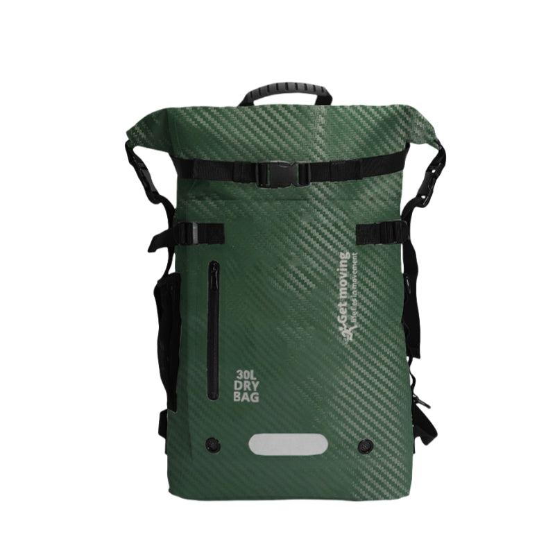 6603 waterproof backpack for travel 30L in forest green carbon fiber pattern with reflective strips and reinforced waterproof construction