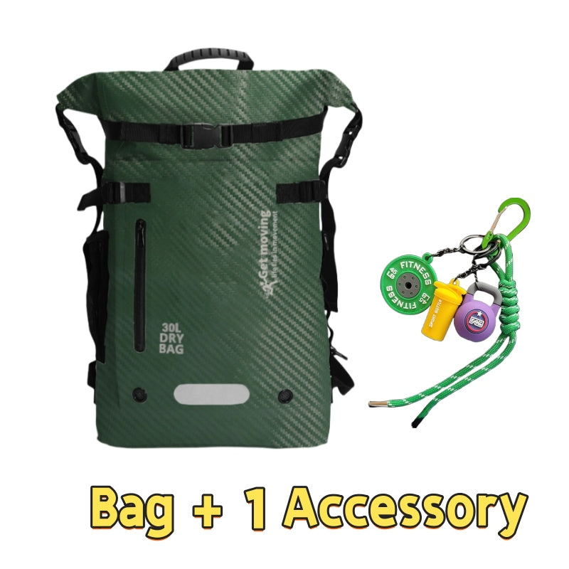 Military green 6603 waterproof travel backpack 30L featuring tactical carbon fiber pattern, roll-top waterproof closure, and one outdoor accessory lanyard for hiking and camping