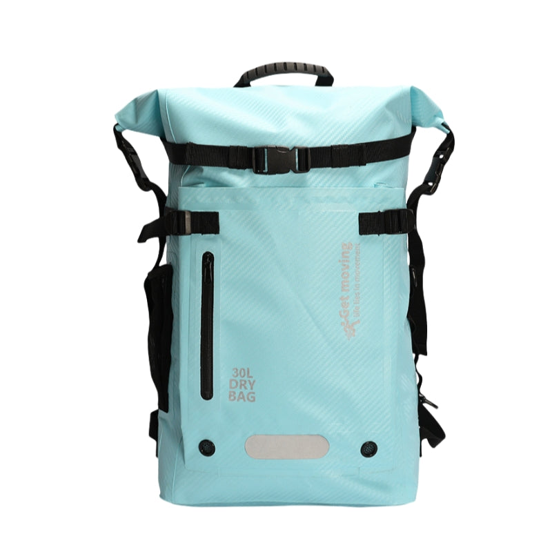 6603 waterproof backpack for travel 30L in turquoise featuring roll-top closure, waterproof zippers, dual buckle system and "30L DRY BAG" capacity marking