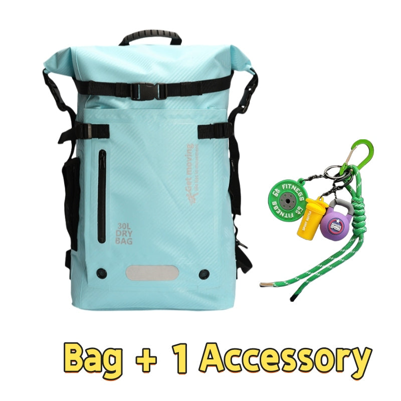 Turquoise 6603 waterproof travel backpack 30L featuring roll-top closure, compression straps, and reflective handle with one outdoor accessory lanyard including carabiners and whistle for adventure travel
