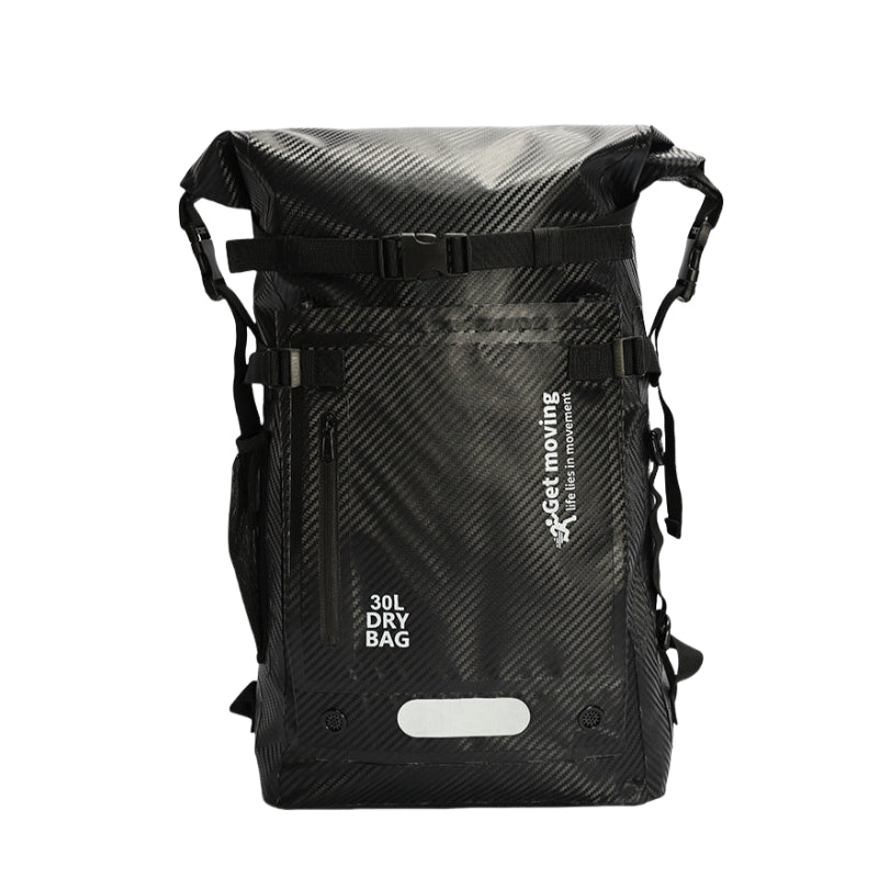6603 waterproof backpack for travel 30L in black carbon fiber pattern showing premium waterproof construction and professional aesthetic