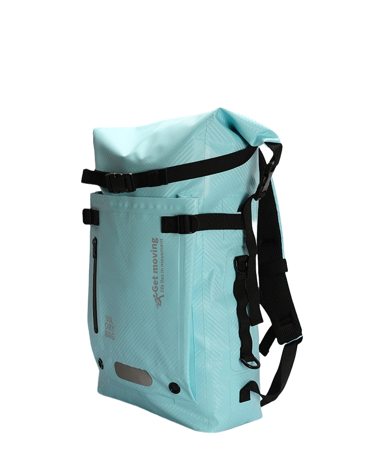 Side profile of 6603 waterproof backpack for travel 30L displaying roll-top closure, reinforced handle, drainage ports and waterproof fabric construction