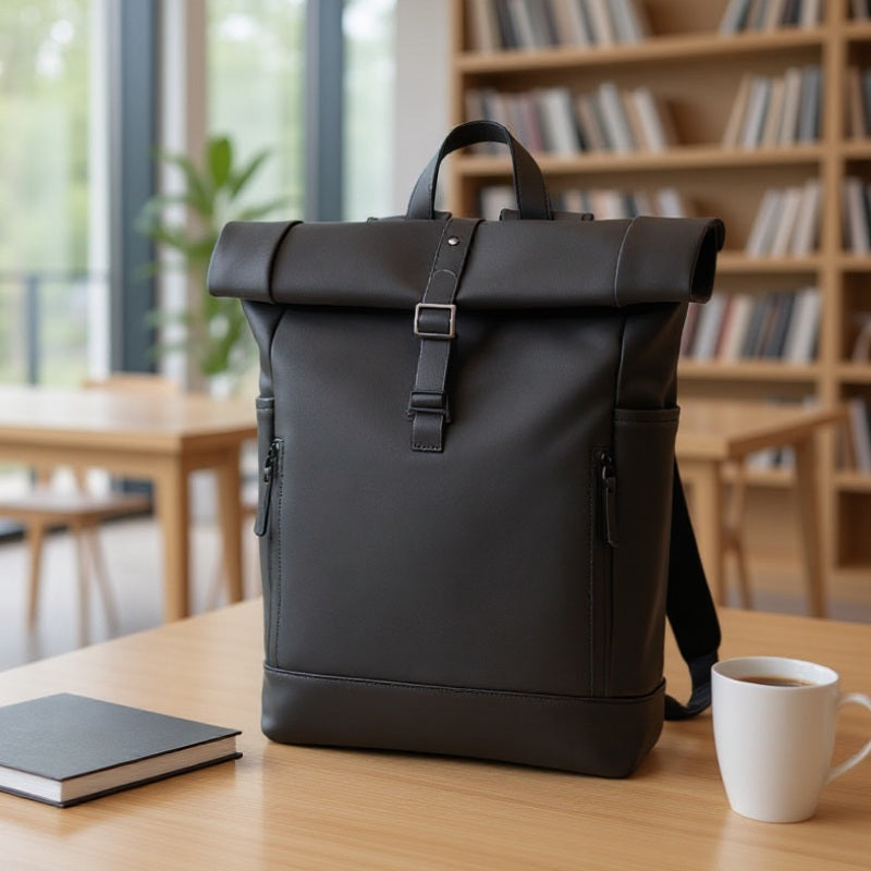 7700 Waterproof Backpack 18L resting on a library desk beside a notebook and coffee cup, perfect for urban commuting and study days.