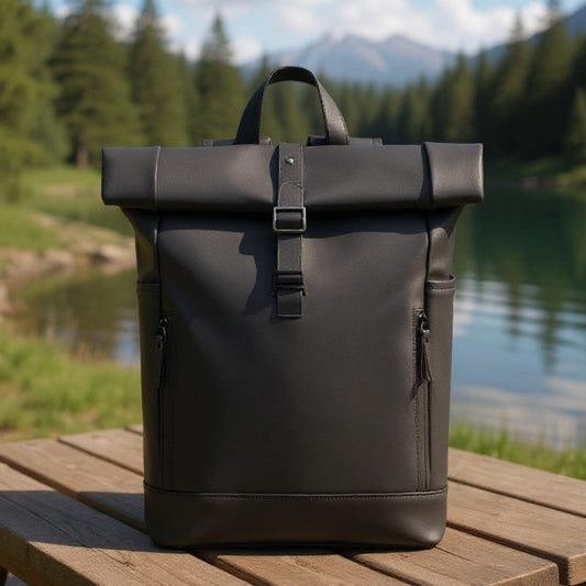 7700 Waterproof Backpack 18L placed on a wooden picnic table by a scenic lake, ideal for outdoor use and weekend escapes.