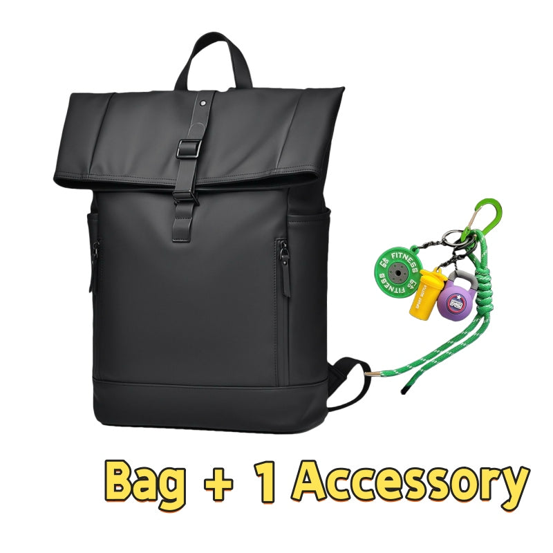 Black 7700 waterproof backpack 18L featuring minimalist fold-over design, leather-look strap closure, side zip pocket, clean modern aesthetic and one fitness accessory with green lanyard for urban professional use and daily commuting