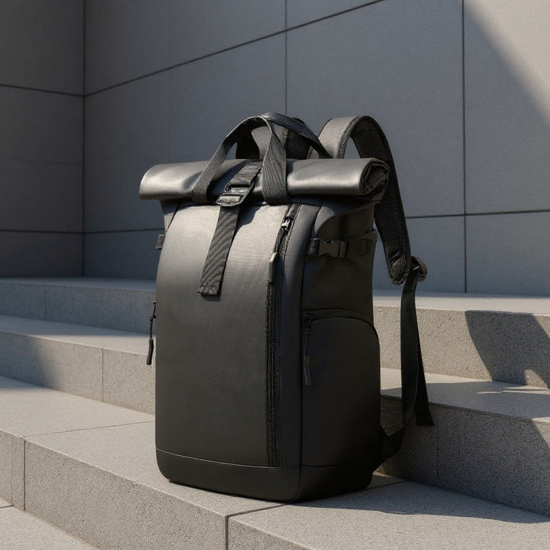 7701 Waterproof Backpack 18L resting on clean concrete steps against a modern building facade, ideal for everyday urban commuting.