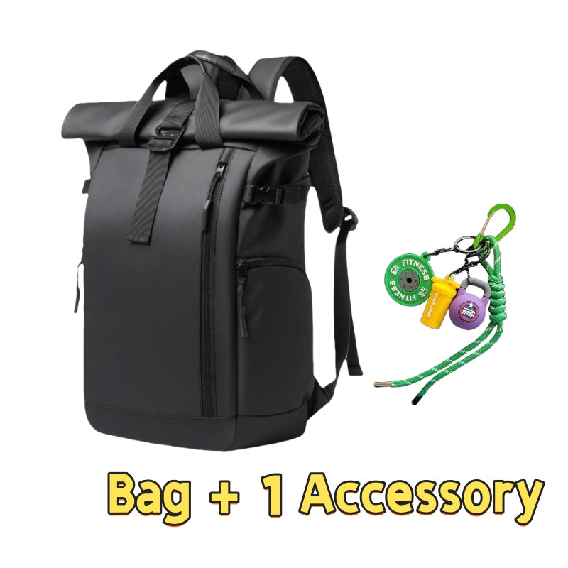 Black 7701 waterproof backpack 18L featuring sleek urban design, roll-top closure with buckle system, multiple external pockets, side compression straps and one fitness accessory with green lanyard for daily commuting and light outdoor activities