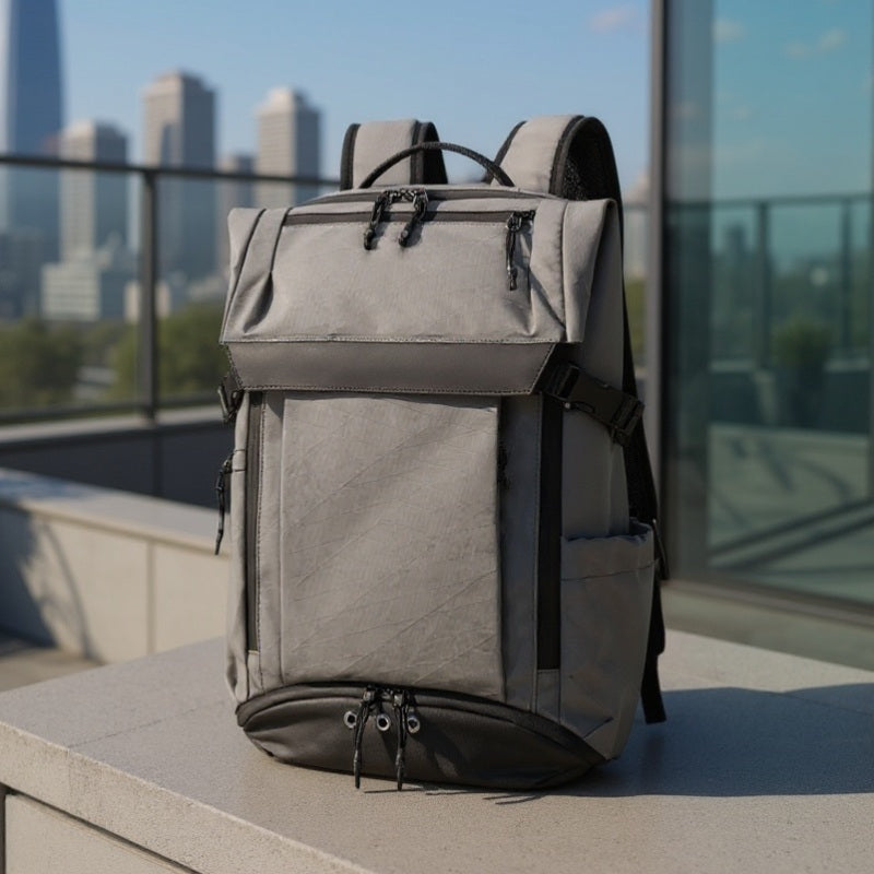 7702 Waterproof Backpack 28L placed on a concrete ledge with a modern city skyline in the background, showcasing its sleek urban design.