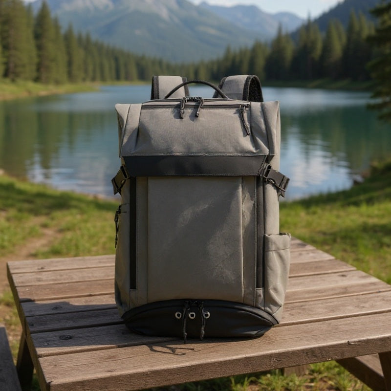 7702 Waterproof Backpack 28L resting on a wooden picnic table beside a lake, surrounded by mountains and pine trees, ideal for outdoor travel.