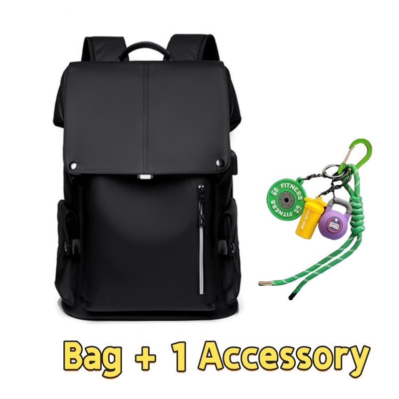 Black 7703 lightweight stylish waterproof backpack 22L featuring modern minimalist design, magnetic flap closure, front zip pocket, sleek professional appearance and one fitness accessory lanyard with colorful survival tools for urban adventures
