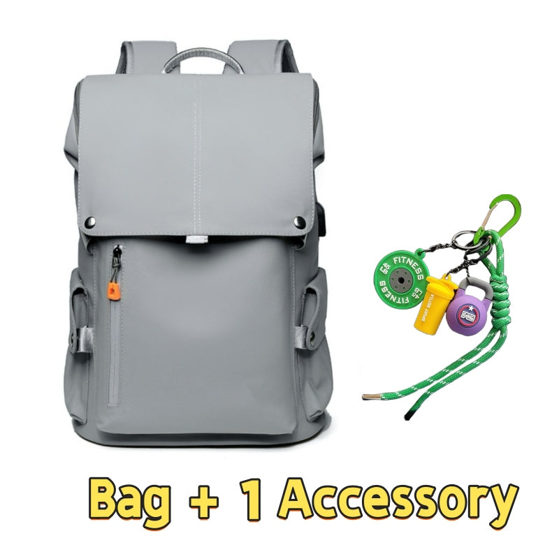 Light grey 7703 lightweight stylish waterproof backpack 22L showcasing contemporary clean design, orange zipper accents, magnetic buckle system, side pockets and one fitness-themed accessory with green lanyard for active lifestyle