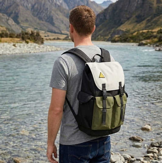 Person wearing the 7705 waterproof canvas backpack 25L outdoors, rear view, showing clean backpack structure and practical everyday carry design for digital nomads