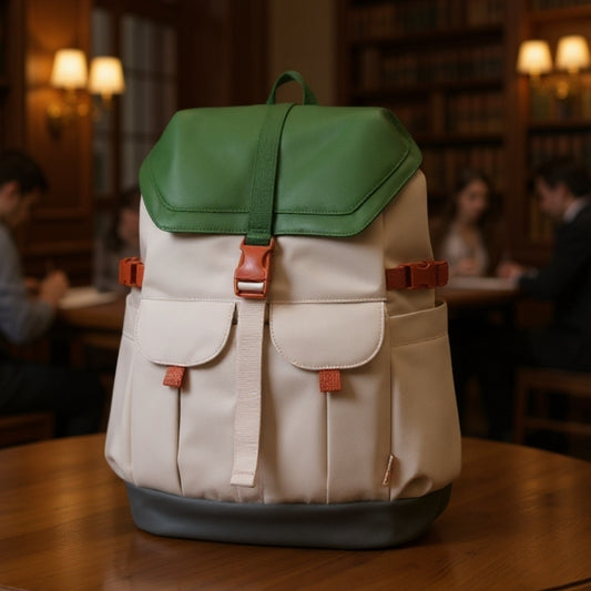 708 stylish waterproof backpack in warm cafe environment with soft lighting, demonstrating versatility for urban professional and social settings