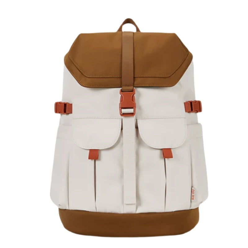 7708 stylish waterproof backpack 28L with brown leather top flap, cream canvas body and orange buckle accents showing premium materials