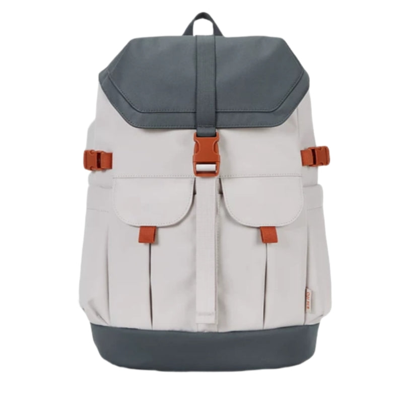 7708 stylish waterproof backpack 28L with charcoal gray top flap, cream canvas body and orange leather details for professional look