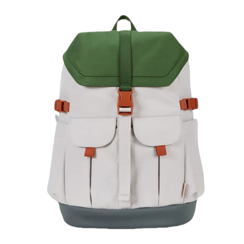 7708 stylish waterproof backpack 28L featuring forest green top flap, cream canvas body, orange leather accents and gray bottom with vintage-inspired design