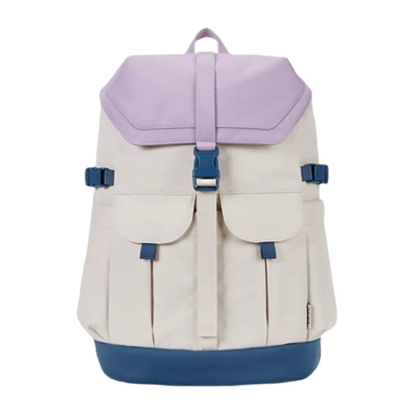 7708 stylish waterproof backpack 28L featuring lavender purple top flap, cream body and blue accents for contemporary style