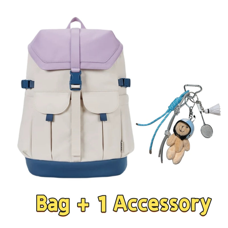 Purple and cream 7708 stylish waterproof backpack 28L showcasing retro flap design, contrast color scheme, navy buckles, dual front compartments and one decorative accessory featuring cute bear charm