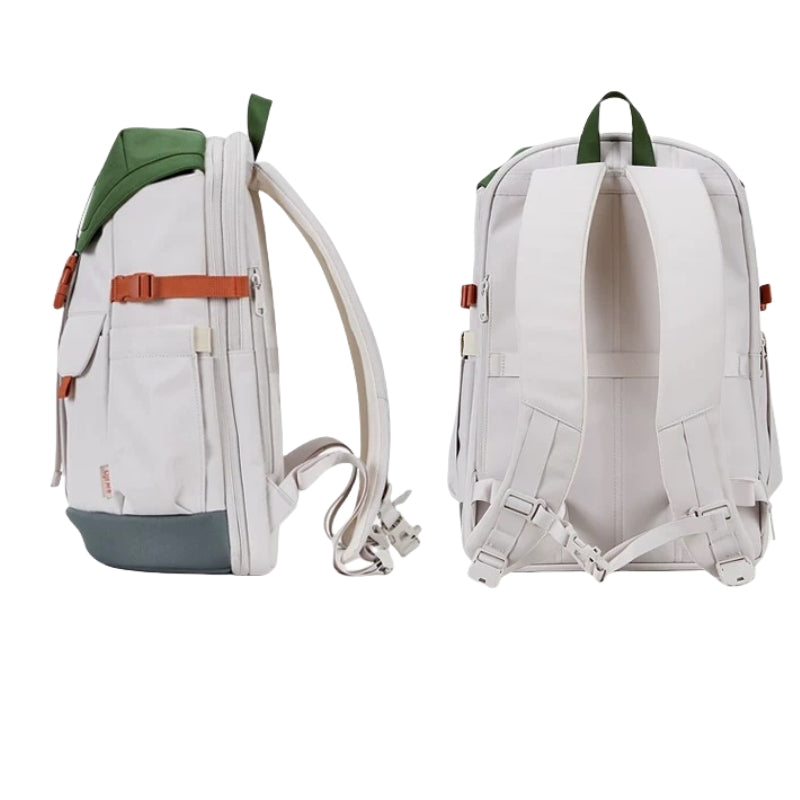 Side and back view of 7708 stylish waterproof backpack showing ergonomic shoulder straps, side pockets and adjustable chest strap for comfortable carrying