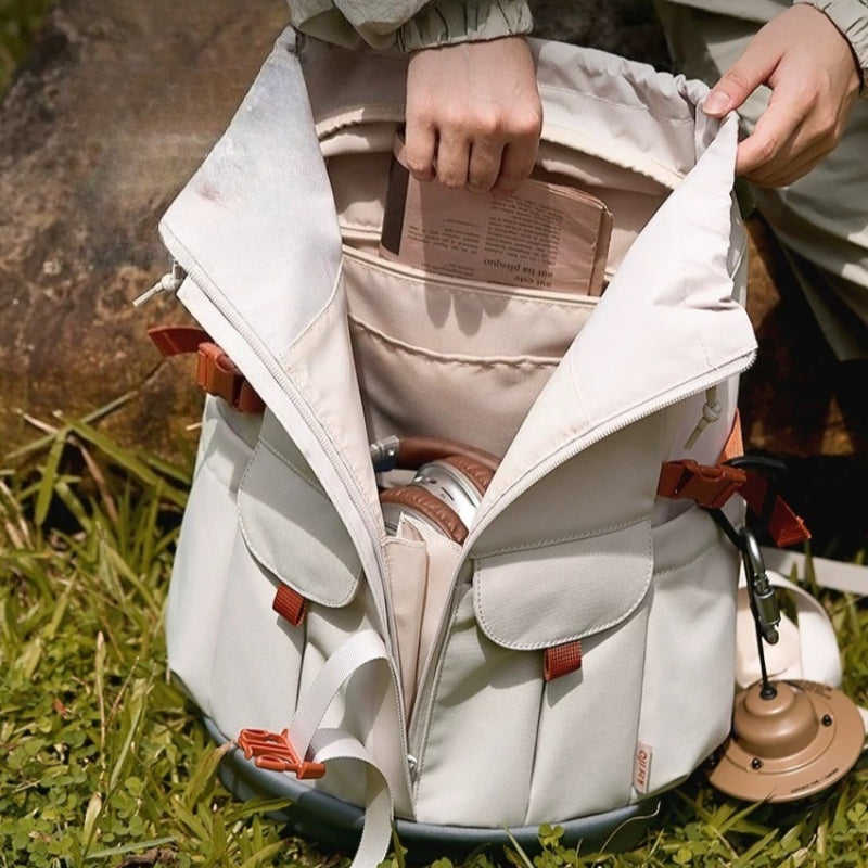Open view of 7708 stylish waterproof backpack showing multiple storage compartments, pockets and organized interior layout for daily essentials