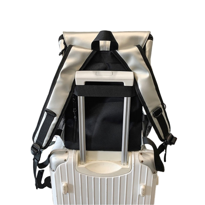 7709 stylish waterproof backpack 20L demonstrating luggage trolley pass-through feature for convenient travel and mobility with compact design