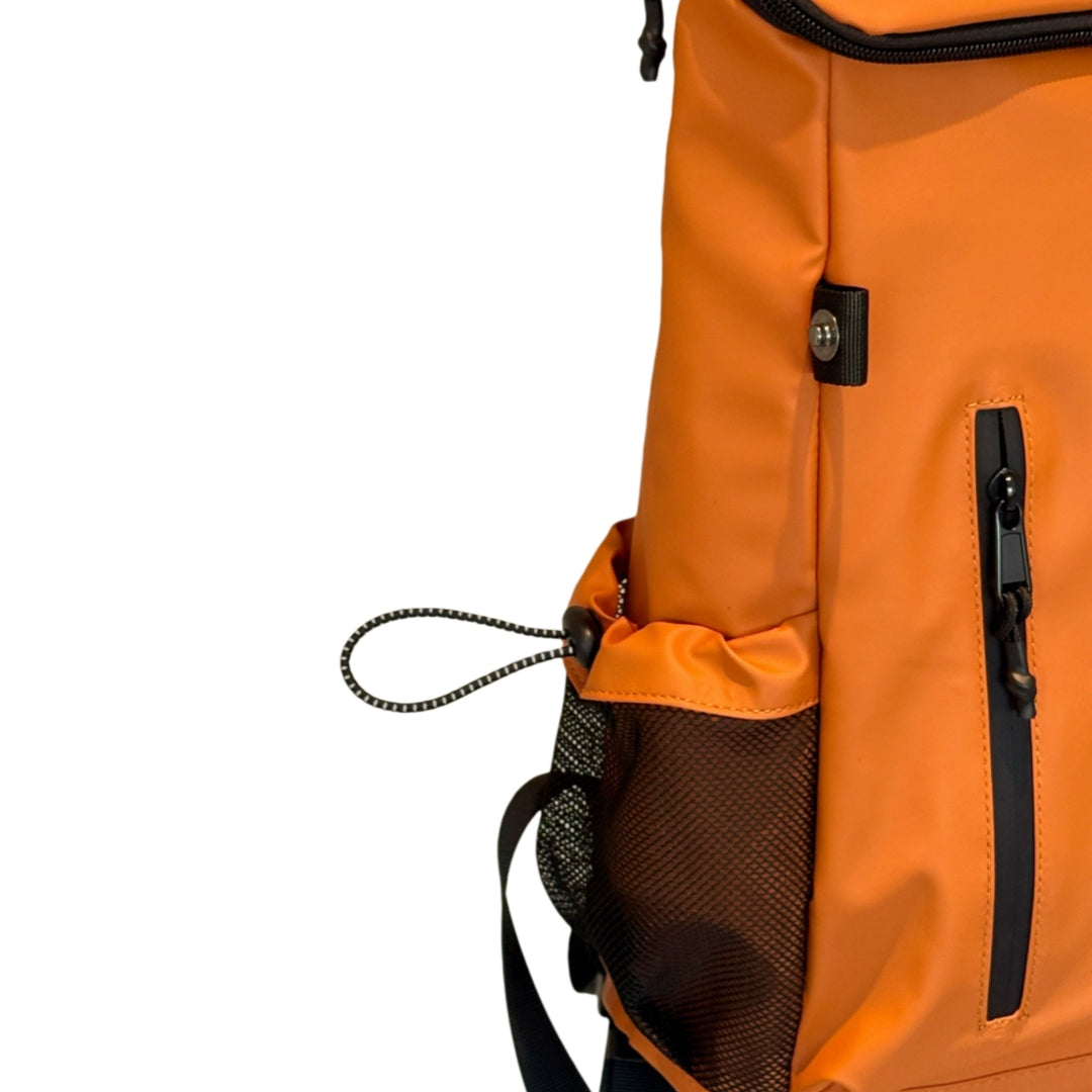 Side detail of 7709 stylish waterproof backpack 20L showing mesh side pocket with bungee cord for water bottle storage and quick access
