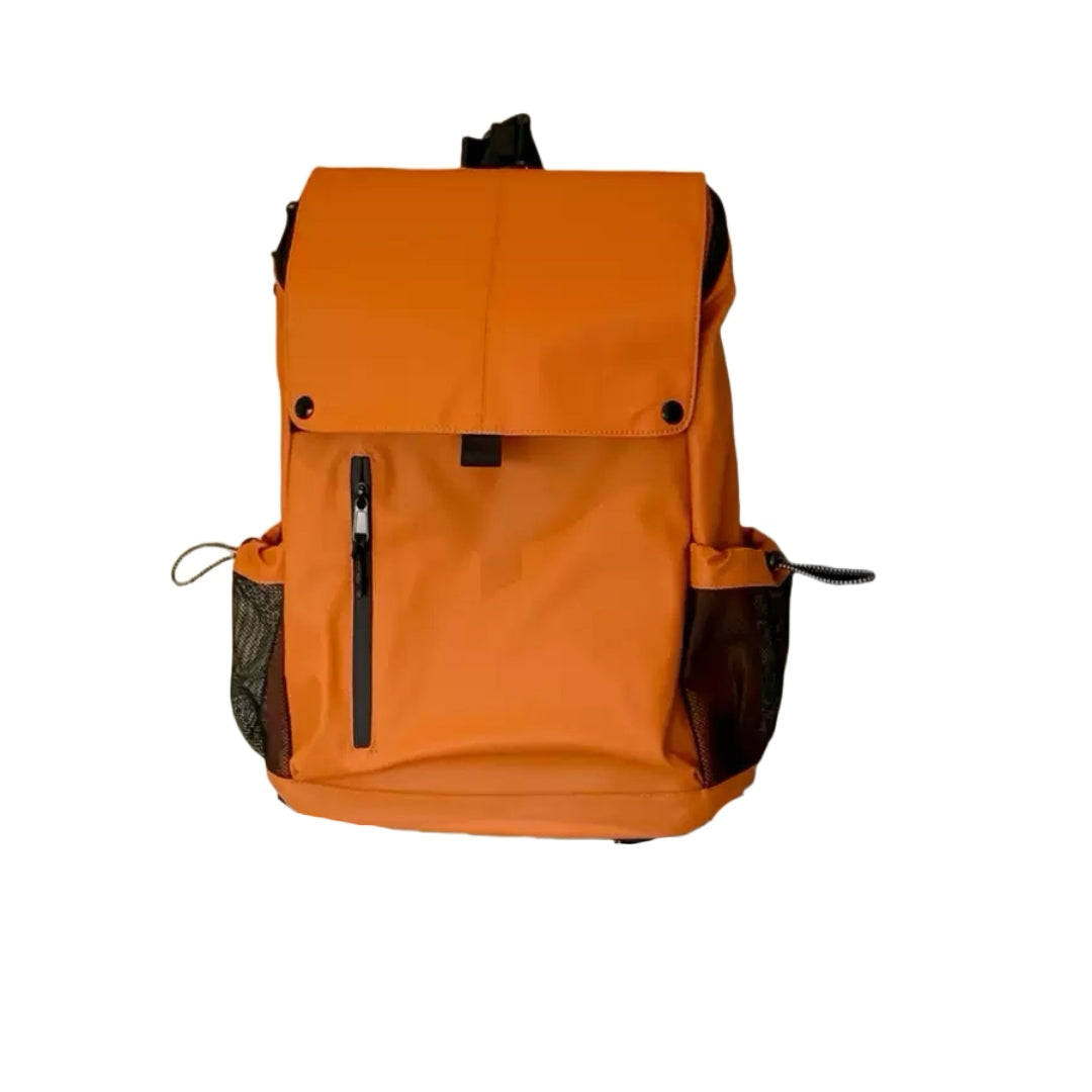 7709 stylish waterproof backpack 20L front view in vibrant orange showing flap closure, side mesh pockets and compact 20L design for daily use