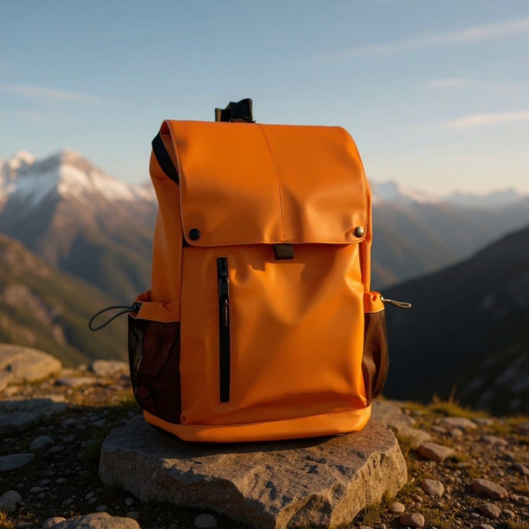 7709 stylish waterproof backpack 20L in vibrant orange positioned on mountain summit rocks at sunrise with snow-capped peaks and golden light for outdoor adventure