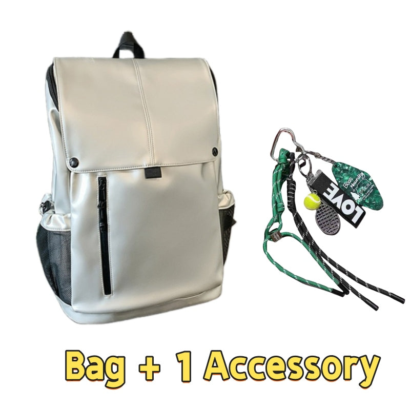 Beige 7709 stylish waterproof backpack 20L with classic flap-over design, waterproof construction, side mesh pockets and one outdoor accessory featuring survival gear and emergency tools