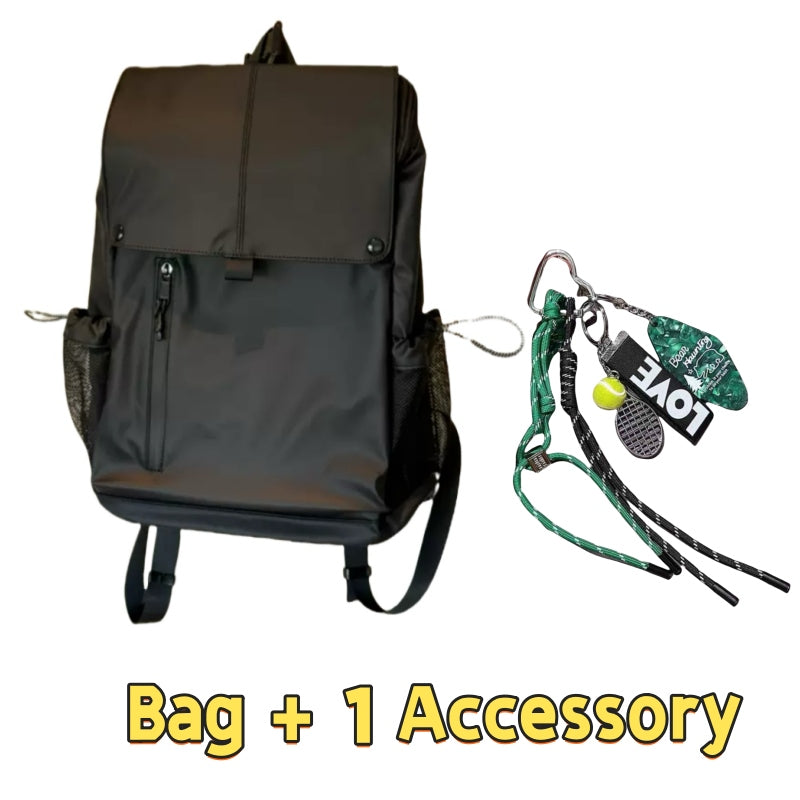 Black 7709 stylish waterproof backpack 20L showcasing sleek flap closure, reinforced construction, dual side pockets with one adventure accessory lanyard for outdoor activities