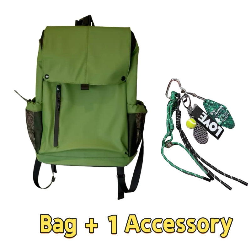 Olive green 7709 stylish waterproof backpack 20L featuring tactical-style flap design, waterproof fabric, mesh side storage and one outdoor survival accessory with carabiners and emergency whistle