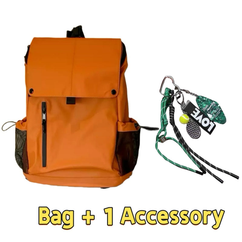Orange 7709 stylish waterproof backpack 20L featuring flap closure design, mesh side pockets, front zip compartment with one outdoor accessory lanyard including LOVE branded survival tools and carabiners