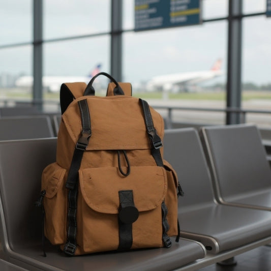7710 lightweight backpack for travel 22L in brown canvas positioned on airport seating, showcasing travel-ready design and ultra-light portability