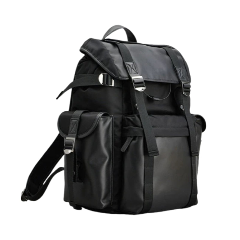 Backpackbeat 7711 Nomad Backpack 31L black canvas leather side profile view showing elastic side pockets and ergonomic shoulder straps