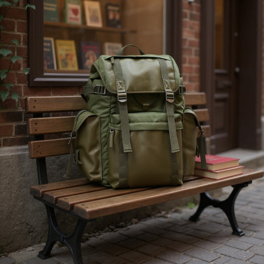 Backpackbeat 7711 Nomad Backpack 31L olive green canvas leather blend sitting on vintage wooden bench outside charming bookstore with stacked books