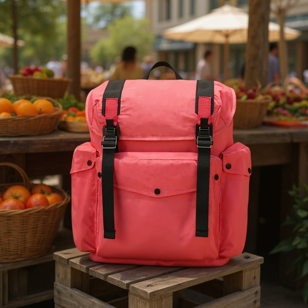 Backpackbeat 7712 Lightweight Backpack 25L coral pink sitting on wooden crate at community farmers market with fresh fruits and vegetables background