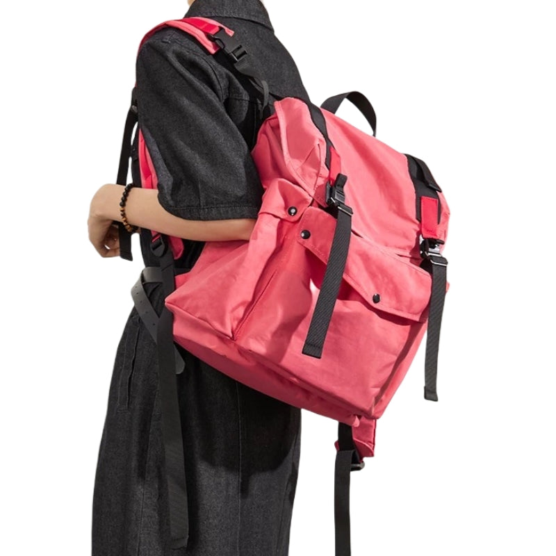 Backpackbeat 7712 Lightweight Backpack 25L coral pink worn by model showing lightweight design and ergonomic padded shoulder straps