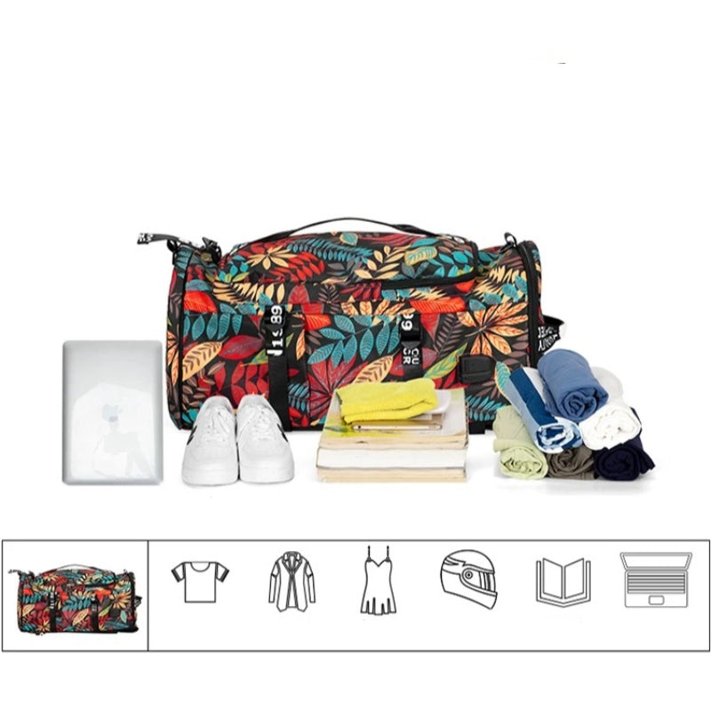 8801 stylish waterproof backpack 45L in tropical print showing 45L capacity with laptop, clothes, shoes and travel essentials for comprehensive packing