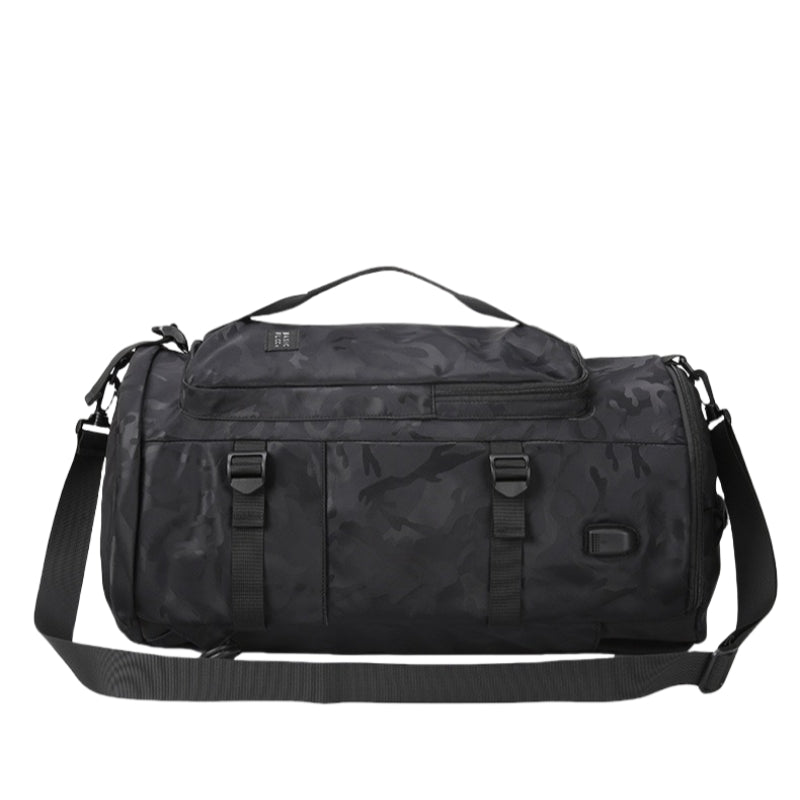 8801 stylish waterproof backpack 45L in black camouflage carried as single shoulder bag, showing versatile dual-carry functionality