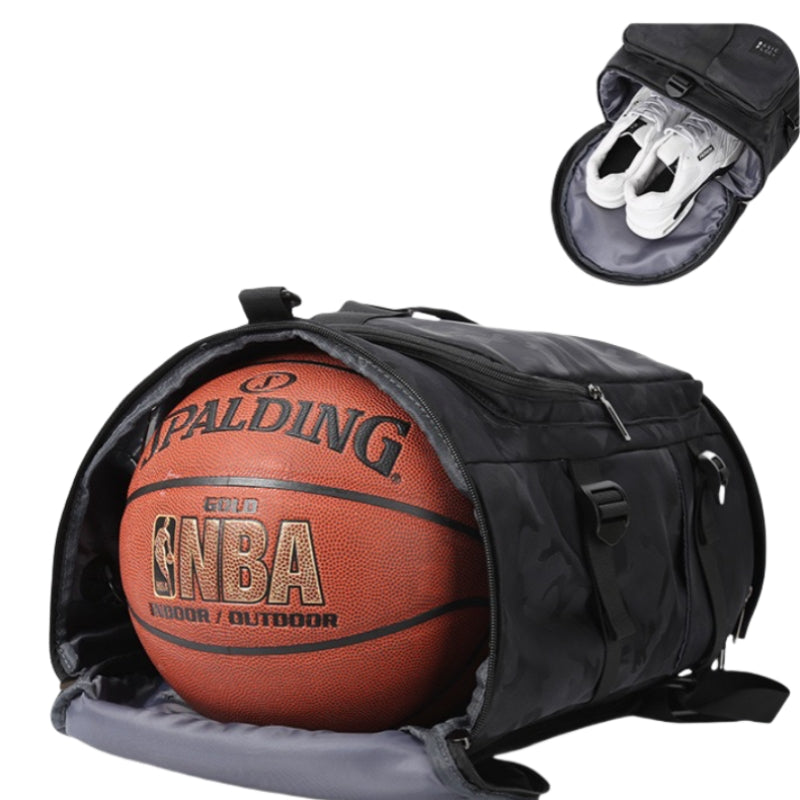 8801 stylish waterproof backpack 45L showing wet-dry separation compartment with basketball and shoes, perfect for gym and sports activities