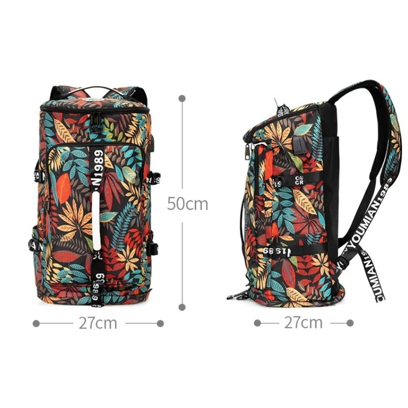 8801 stylish waterproof backpack 45L in vibrant tropical leaf pattern showing dimensions 50cm height, 27cm width for large capacity storage